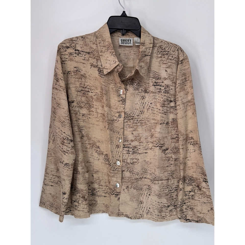 Chicos Design Linen Silk Blend Shirt Womens 2 Tan Script Print Silk Button Down